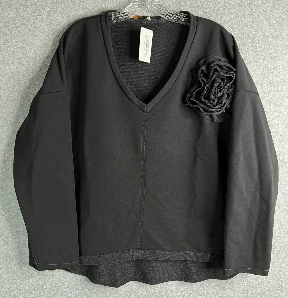Black V-Neck Sweater w/ Black-on-Black Rose Appliqué One Size